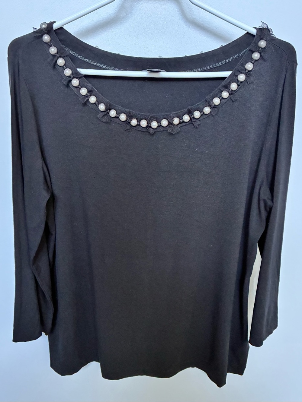 St. John Black Long-Sleeve Scoop Neck Top with Pearl Trim